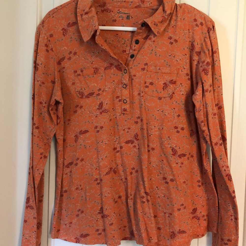 Orange Butterfly Collared Button Top